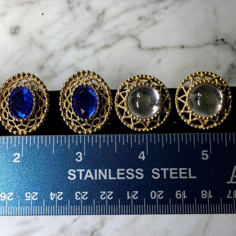 Sarah Coventry Clip Earrings Lot, Blue & Clear Cabochon Filigree, 2 Pairs